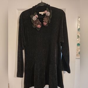 Chenille Vintage Tunic/dress Black With Crochet Accents Hand Detailed